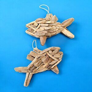 Driftwood Fish Nautical Beach‎ Sculpture Decor Set Of 2 Hanging 12 Inches Wood